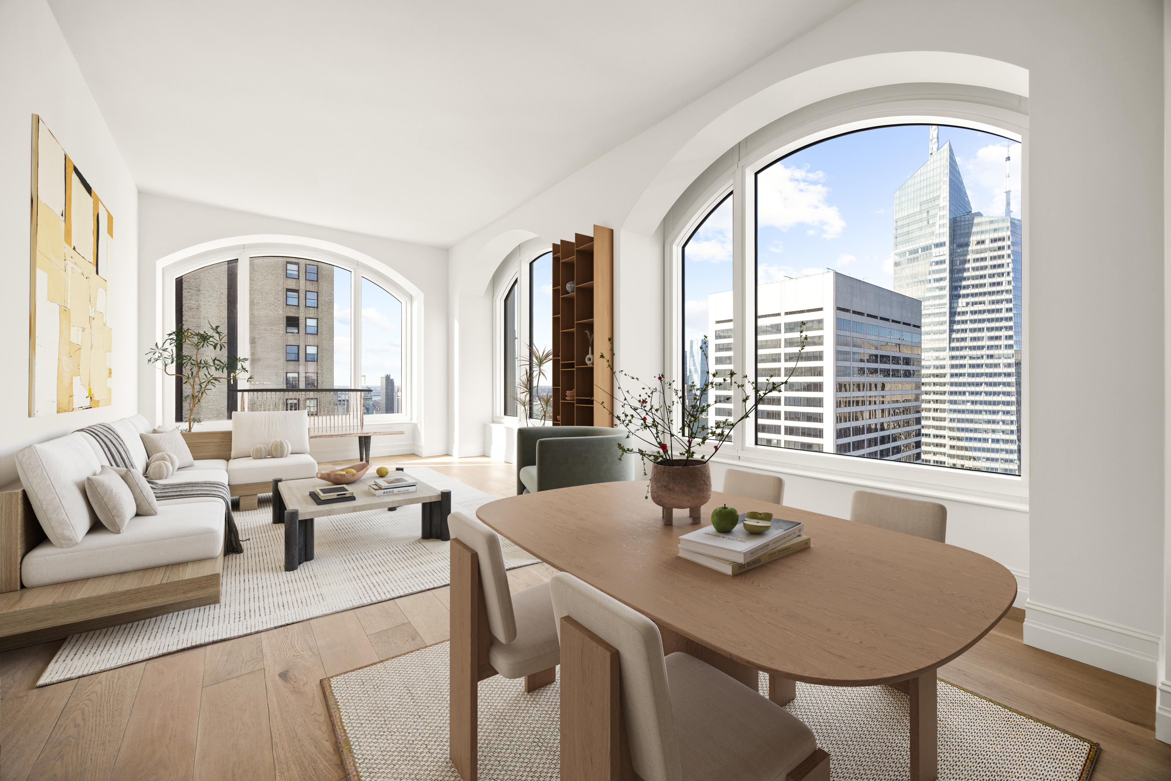 Staged dining and living space with natural light